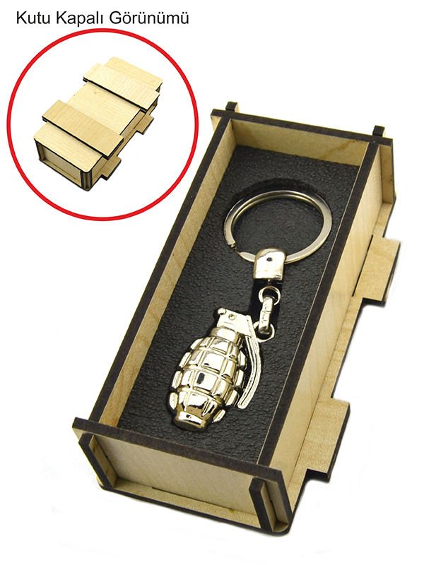 El Bombası - Grenade - Anahtarlık - Nikel Ahşap Kutulu
