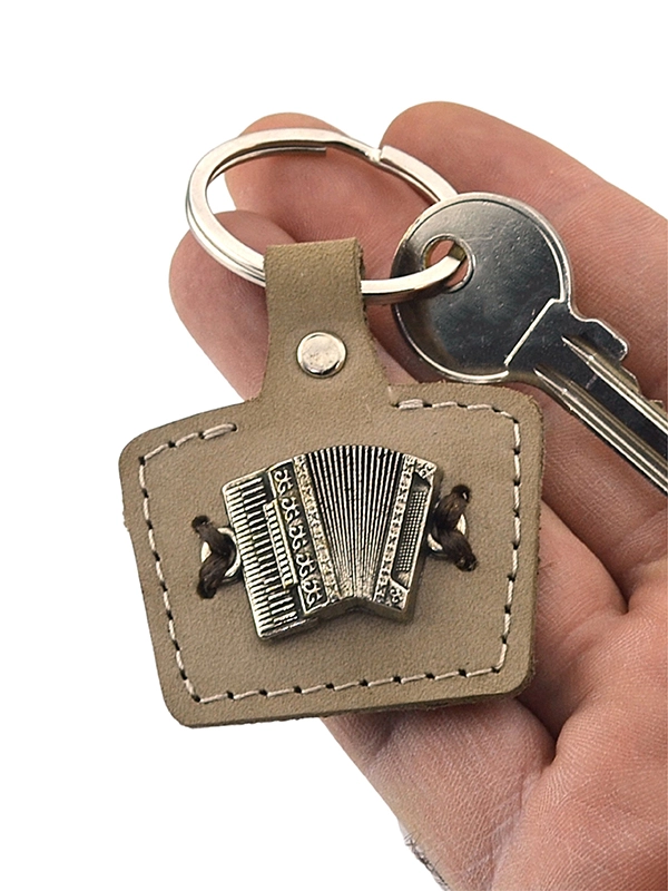 Accordion Metal Relief Caucasian Circassian Keychain - Genuine Leather