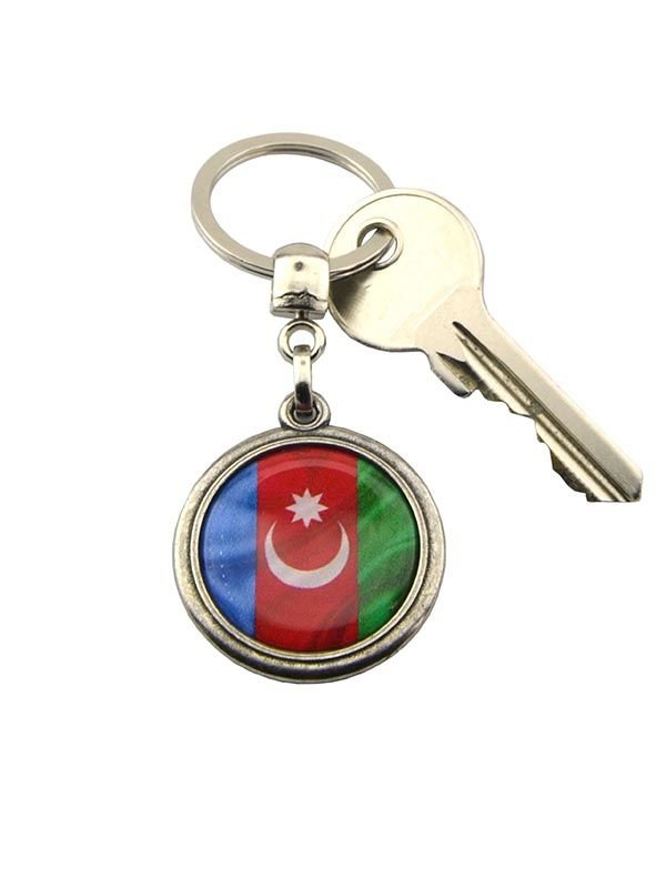 Azerbaycan Bayrak Yuvarlak Damla Anahtarlık