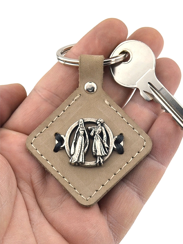 Caucasian Circassian Couple Figure Patterned - Real Leather Keychain