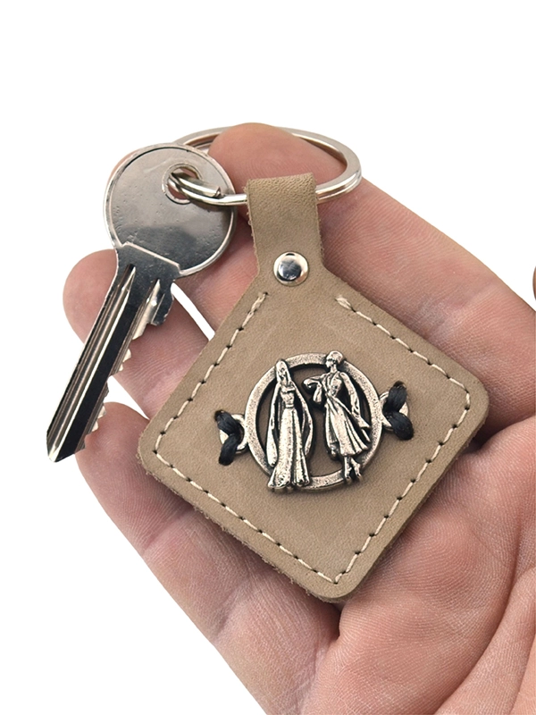 Caucasian Circassian Couple Figure Patterned - Real Leather Keychain