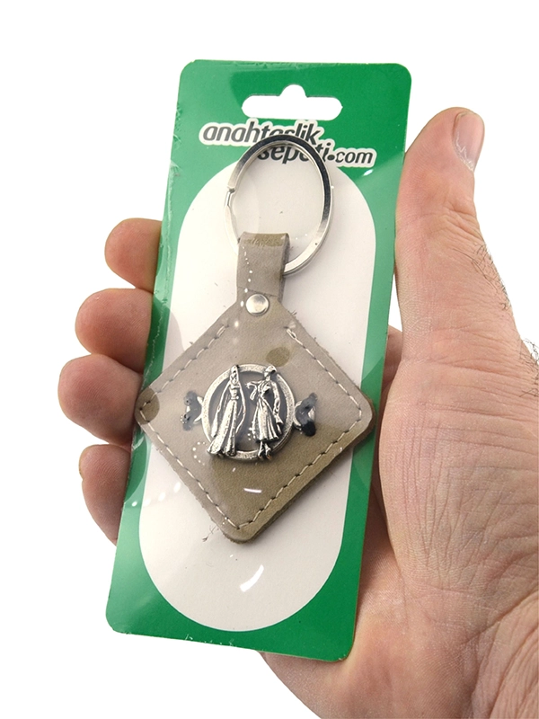 Caucasian Circassian Couple Figure Patterned - Real Leather Keychain