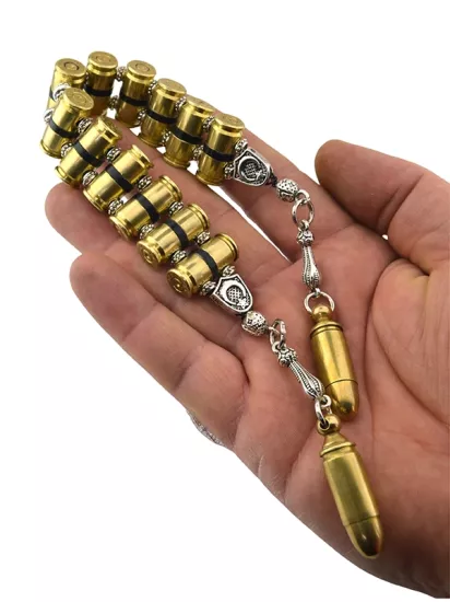 9mm Mermi Kovanı Tasarımlı Pirinç Tespih - 12 Taneli Sarı Seri