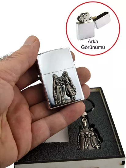 Kafkas Çerkes Çift Figürlü Krom Benzinli Çakmak ve Anahtarlık Seti - Özel Koleksiyon