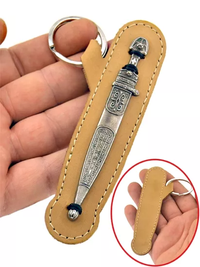 Çerkes Kaması Anahtarlık | Gerçek Deri & Zamak Metal | Nikel Kaplama