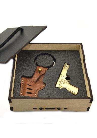 14 lü Tabanca Deri Kılıflı Anahtarlık Ahşap Kutulu (Gold Görünümlü)