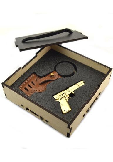 14 lü Tabanca Deri Kılıflı Anahtarlık Ahşap Kutulu (Gold Görünümlü)
