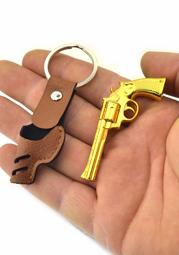45 Lik Toplu Kovboy Tabanca Taba Kılıflı Anahtarlık - Gold Görünümlü