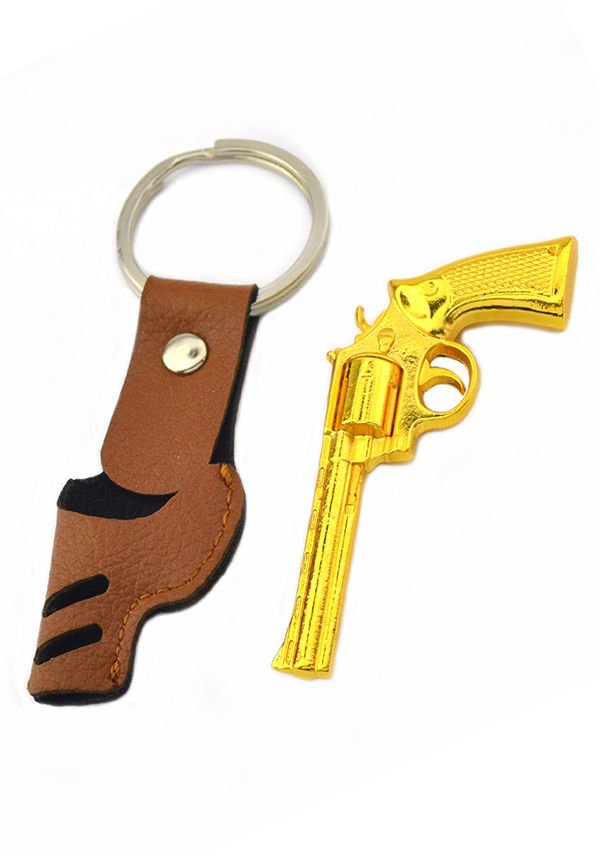 45 Lik Toplu Kovboy Tabanca Taba Kılıflı Anahtarlık - Gold Görünümlü